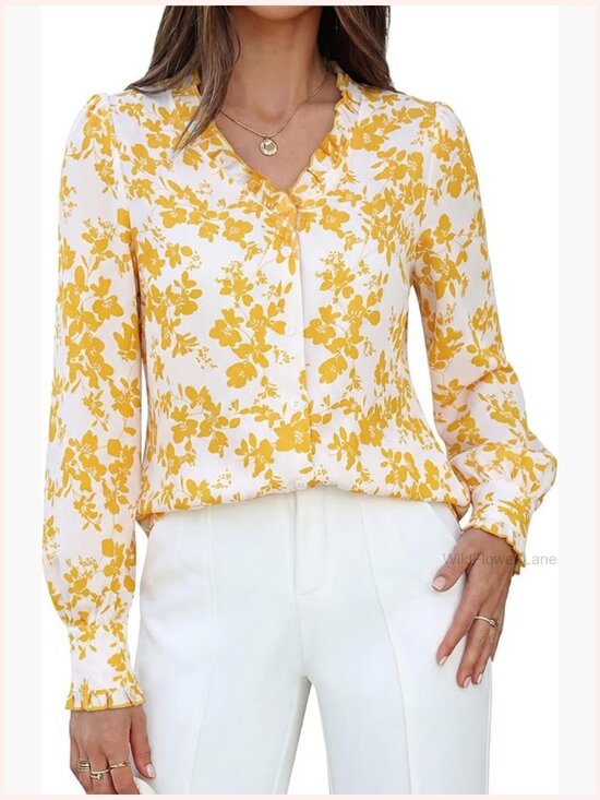 Tops - Boho Floral Button Down Long Sleeve Blouse Dressy Casual V Neck Work Top
